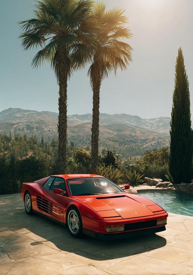 Red 1980s Italian Supercar Palm Tree Luxury Lifestyle Poster
