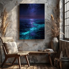Galaxy Night Sky And Ocean Waves Canvas Art Modern Coastal Wall Decor 79 Print