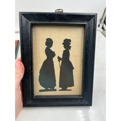 Vintage Victorian Silhouette Art Set of 2 Black Wood Frames Burlap Background