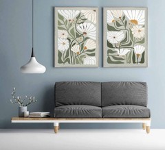 2 Pcs Boho Wildflowers Canvas Wall Art Green Bohemia Abstract Floral Botanica…
