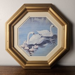 Vtg 1980s Homco Home Interiors Swan Family Print Gold Octagon Frame Wall Decor