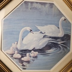 Vtg 1980s Homco Home Interiors Swan Family Print Gold Octagon Frame Wall Decor