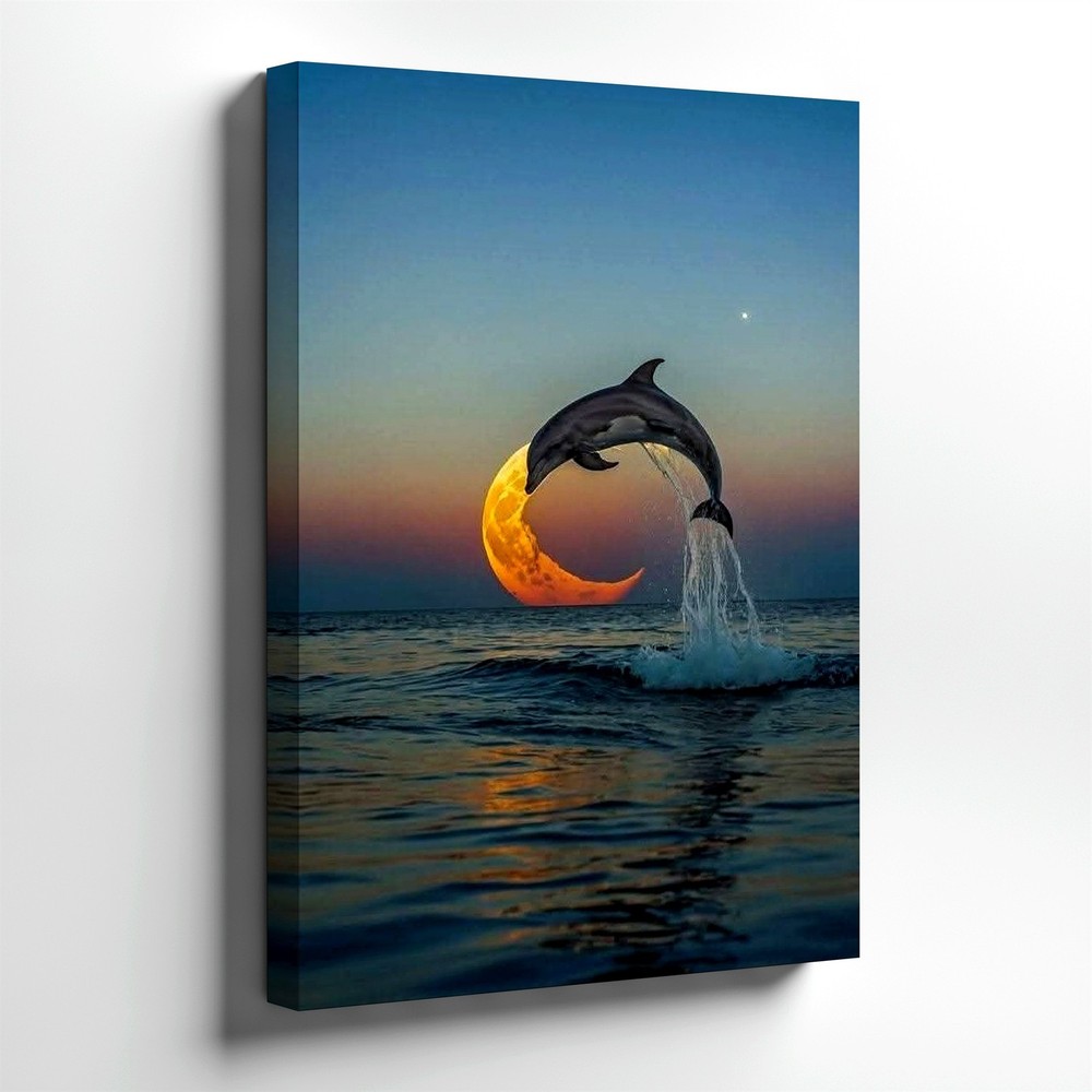 Wall Art Dolphin Jumping Over Crescent Moon Ocean Sunset Surreal Poster Print