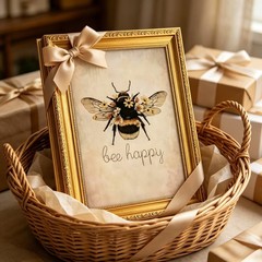 Gold Framed Bee Canvas Wall Art, Style Bee Happy Picture Wall Decor, Rustic B…
