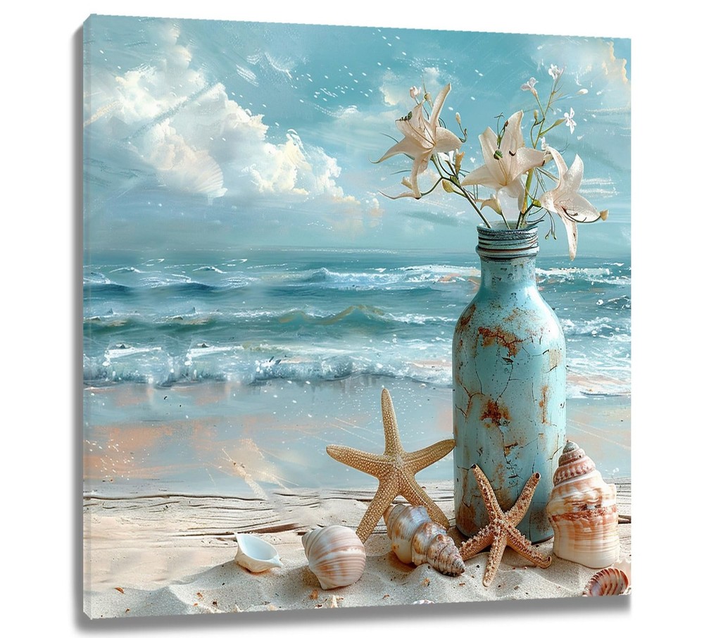Coastal Starfish with White Flower in Vintage Vase on Teal Beach Scene Canvas…