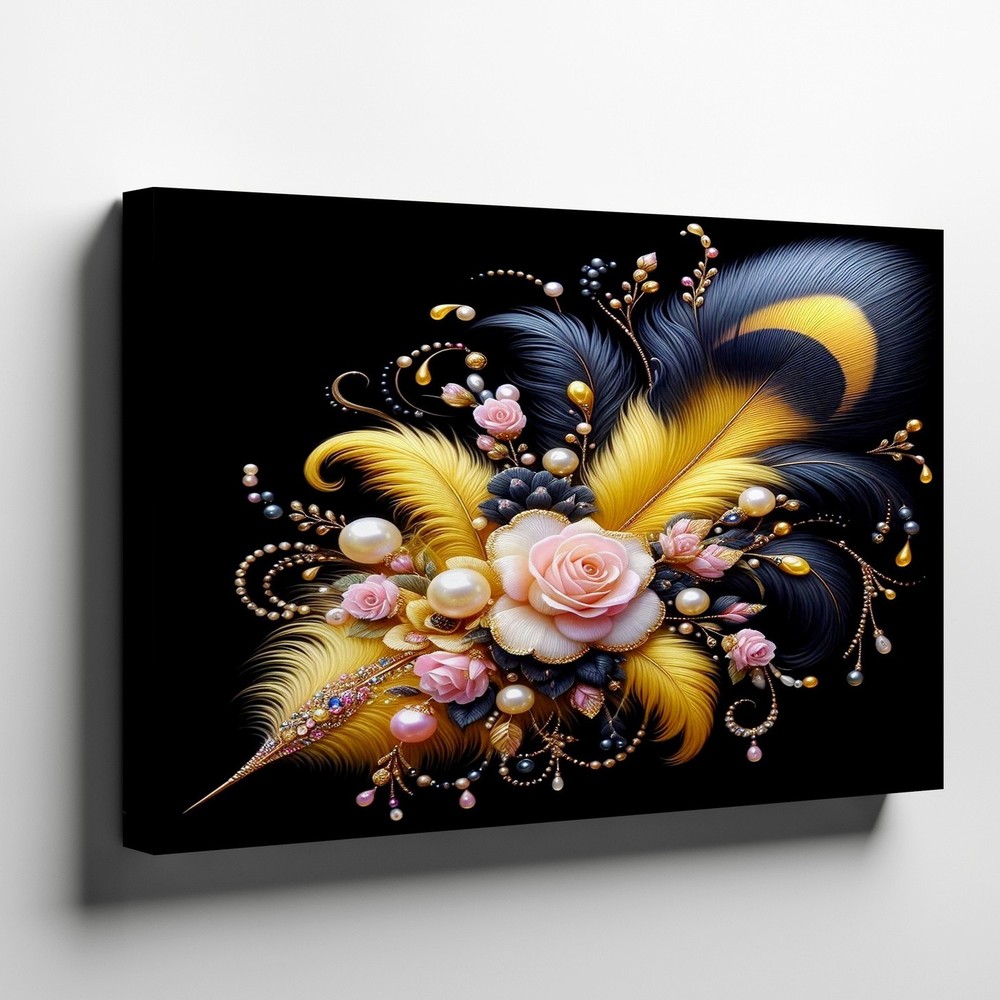 Yellow and Black Feather with Pink Roses Pearl Accents Gallery Canvas Decor