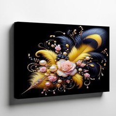 Yellow and Black Feather with Pink Roses Pearl Accents Gallery Canvas Decor