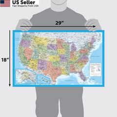 2 Pack – Laminated World Map & US Poster Set – Wall 18″ x 29″, Light Blue