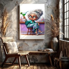 Canvas Funny Grandma Drinking Martini Bar Cartoon Home Gift Room Elegant Print