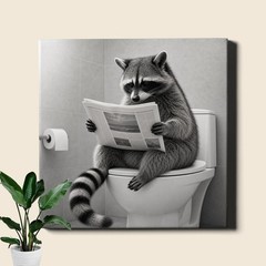Raccoon reading newspaper on toilet Canvas Print, funny bathroom scene artwork