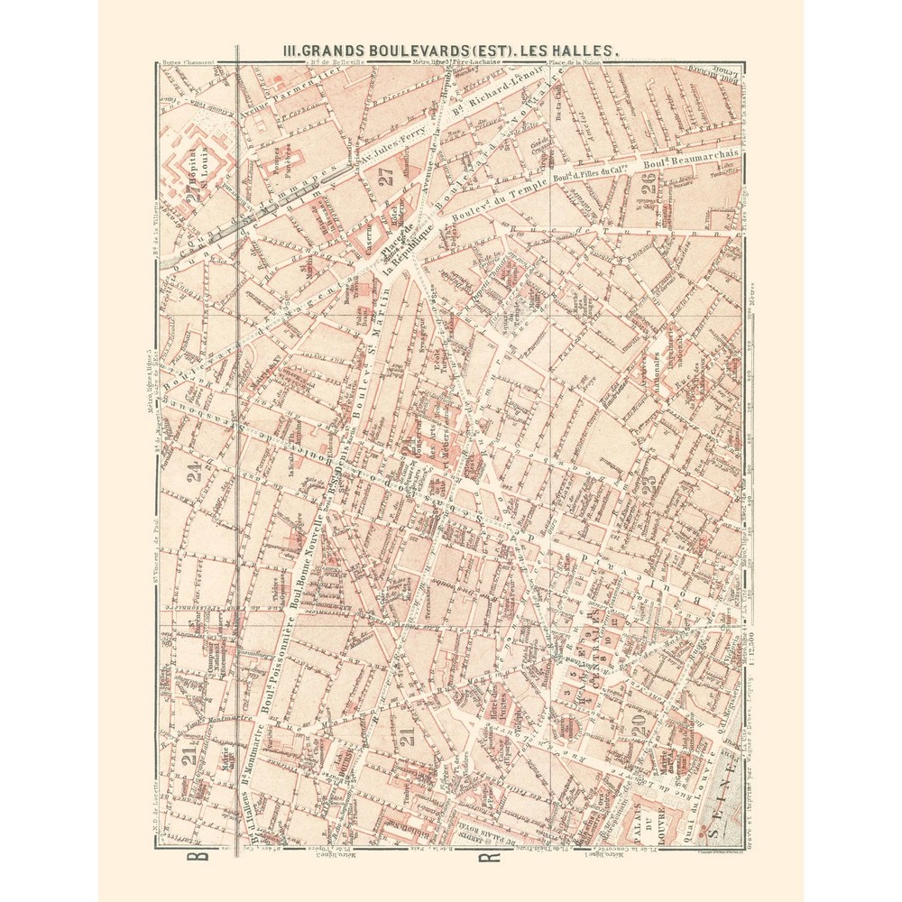Historic Map – Paris France Les Halles – Baedeker 1911 – Vintage Wall Art