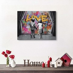 Banksy Canvas Wall Art Abstract Graffiti Child Couple Behind The Curtain Pict…