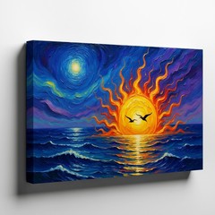 Sun and Moon Abstract Canvas Wall Art Ocean Landscape with Birds and Waves Decor