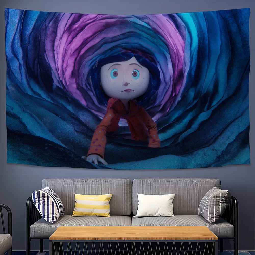 Funny Cool Coraline Cartoon Tapestry Wall Hanging for Bedroom Aesthetic Decor