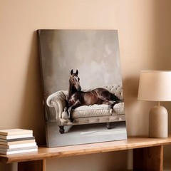 Wall Art Brown Horse on Tufted Sofa Canvas Print Rustic Farmhouse Home Decor