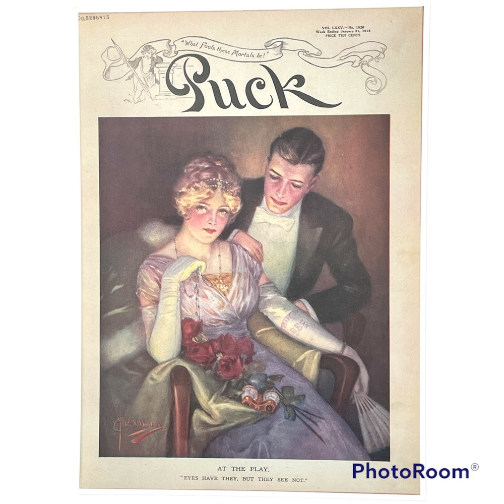 VTG 1914 Puck Magazine Cover At The Play Victorian Retro Couple Art Poster Print