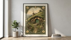 Cottagecore Hobbit House Poster Vintage Art Nouveau Fantasy Shire Wall Decor