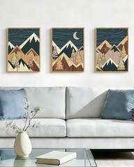 Morden Mountains Framed Wall Art Boho Woodcut Pine Tree Forest Nature Landsca…