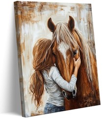 little Girl and Horse Canvas Wall Art Retro Warm Earth Tones Wall Decor Pictu…