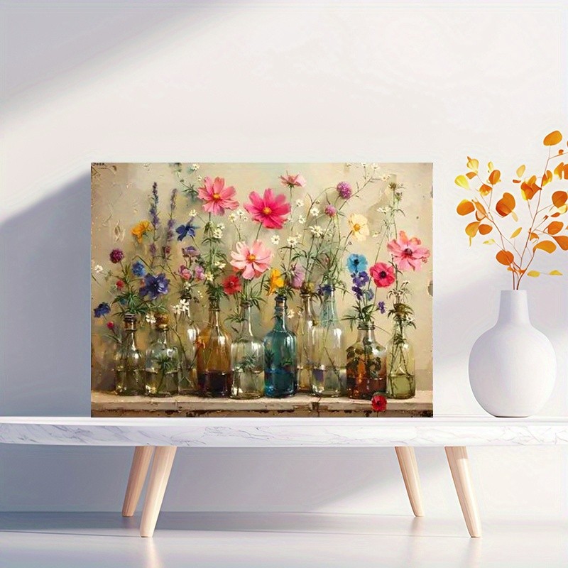Canvas Art Framed Glass Bottle Wild Cosmos Flower Vintage Still Life Oil Decor