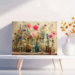 Canvas Art Framed Glass Bottle Wild Cosmos Flower Vintage Still Life Oil Decor