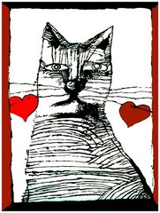 Wall Decor Poster.Fine Graphic Art Design.Cat with two Loves.Room Bar art.267