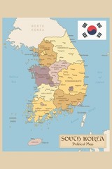 Republic of Korea or South Korea Vintage Political Map with Flag Poster 24×36