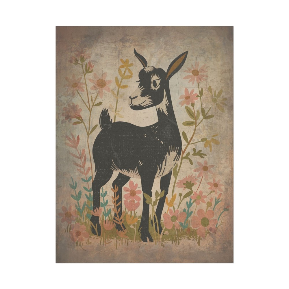 Retro GOAT FLOWER Wall Art, Botanical Farm Animal Poster, Nature Floral Print