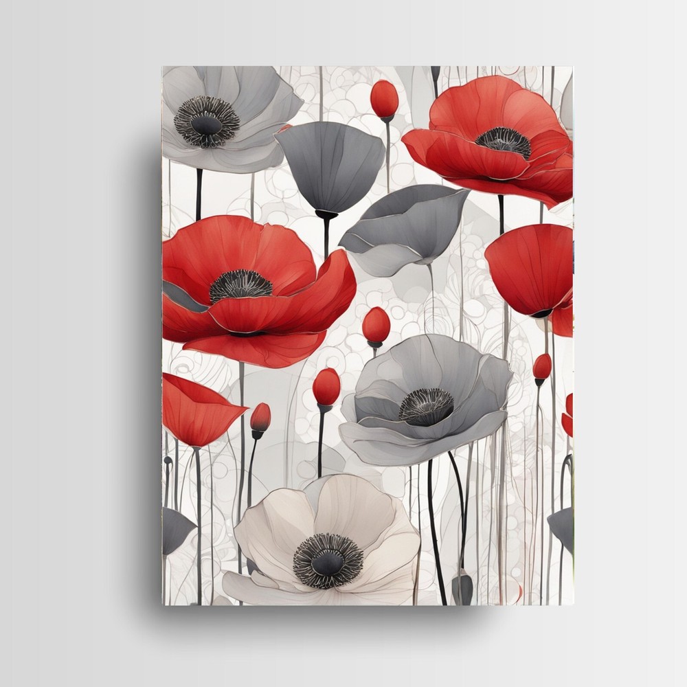16×20 Red and Gray Poppies Canvas Print Wall Art