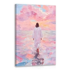 Framed Jesus Wall Art – Pink Jesus Walking on Water Canvas Decor, 12×16 Inch, Ch