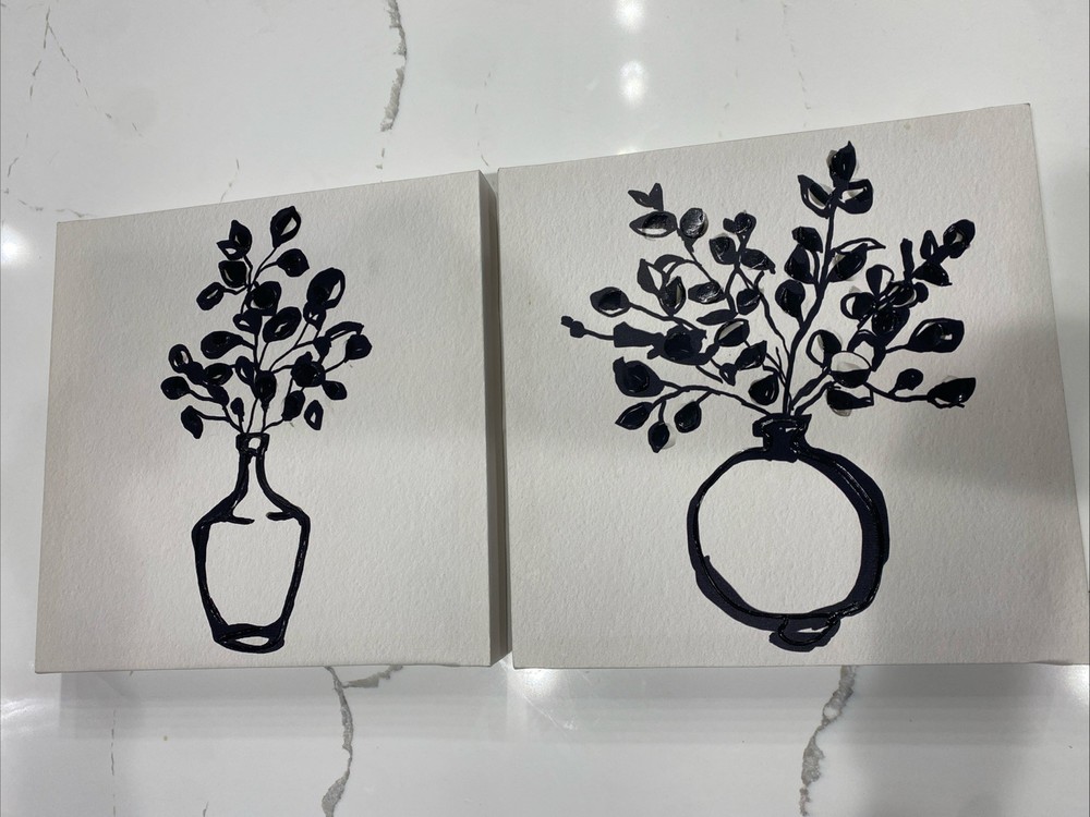 Florals in Vase set of 2 Black Prints on Canvas Framed Wall Decor 12” X 12”