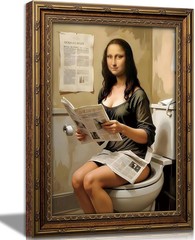 Vintage Gold Framed Funny Bathroom Mona Lisa Canvas Wall Art 9x11in | Humor Amus