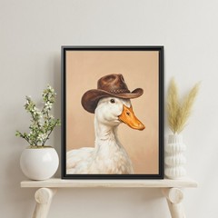 Funny Duck Wearing Cowboy Hat Canvas Print, Quirky Animal Portrait Painting