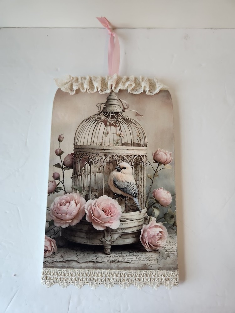 Bird Print Wood Wall Cottage Decor, Lace and Wood Bird Wall Hanging