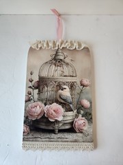 Bird Print Wood Wall Cottage Decor, Lace and Wood Bird Wall Hanging