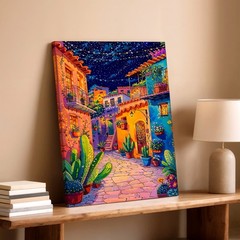 Wall Art Colorful Mediterranean Village Street Night Sky Cactus Canvas Print