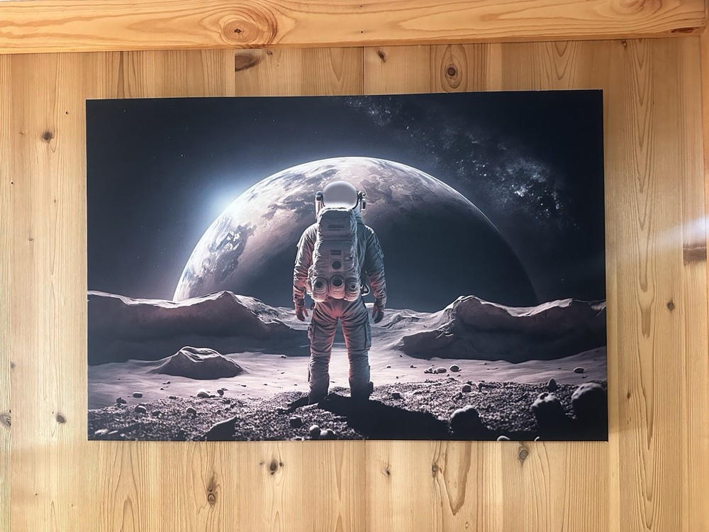 Astronaut on Moon Space Theme Print, Multicolor Horizontal Wall Art for Adults