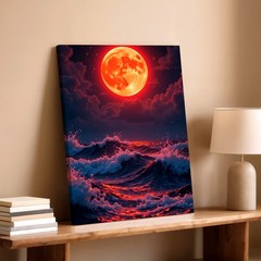 Wall Art Red Full Moon Ocean Waves Night Sky Seascape Canvas Print Modern Decor