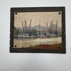Shrimp Boat Fleet 1 Board Mounted Linen Canvas Print On Solid Plank Wood Plaque