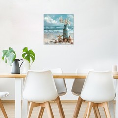 Coastal Starfish with White Flower in Vintage Vase on Teal Beach Scene Canvas…