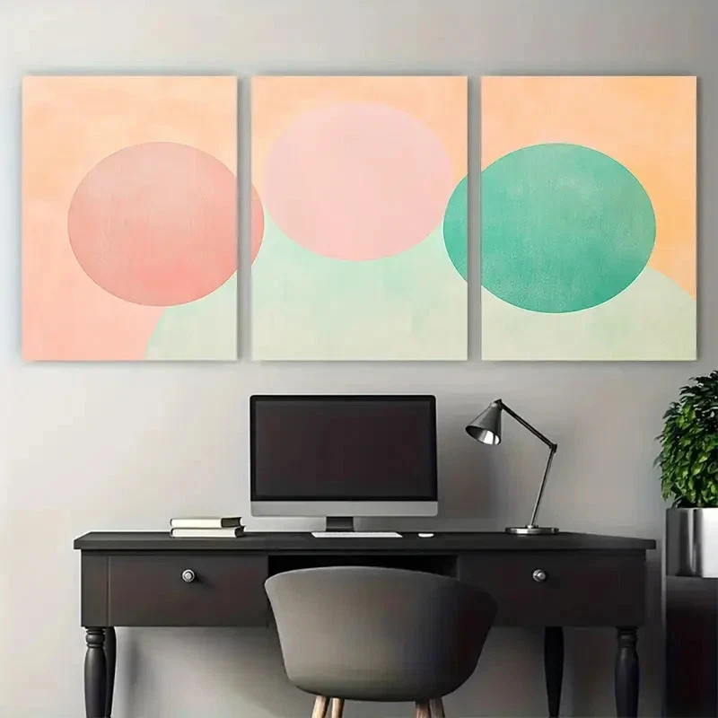 3pcs Peach Mint Green and Pink Zen-Inspired Wall Art Canvas Framed 50x70cm