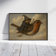 Frog Wizard Riding Bird Poster Cute Cottagecore Wall Art Whimsical Nursery Decor
