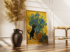Black Cat Iris Poster, Blue Floral Oil Painting Wall Art Home Decor Gifts Prints