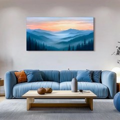 selatala Sunset Misty Forest Large Wall Art for Living Room 24″X48″, Blue Nat…