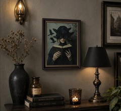 Dark Brown Framed Canvas Wall Art Gothic Victorian Woman Reading Book Damage-…