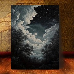 Framed Canvas Black White Forest Full Moon Starry Sky Cloud Night Scenery Wall