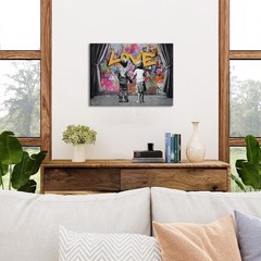 Banksy Canvas Wall Art Abstract Graffiti Child Couple Behind The Curtain Pict…