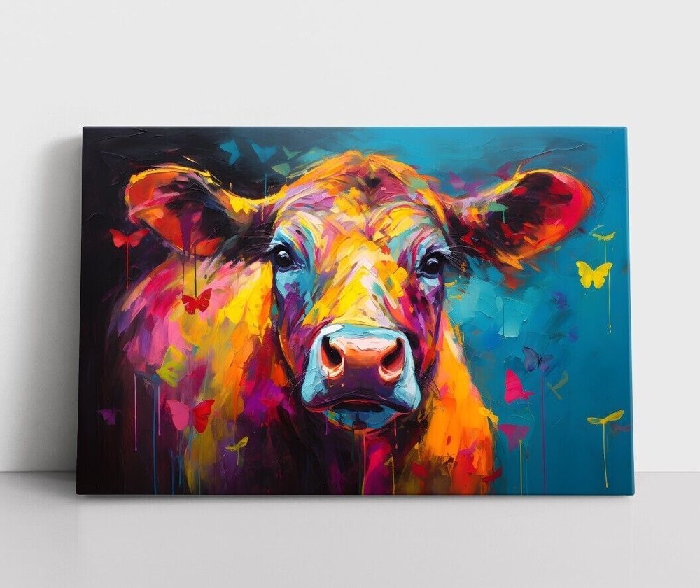Colorful Cute Cow Oil Painting Print Framed Canvas Wall Art Ranch Decor Cattle