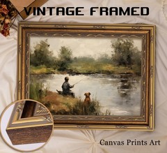Vintage Gold Framed Boy Fishing Oil Painting Print 12x16in Farmhouse Art