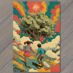 Art Print Children Running Toward Tree Surreal Clouds Colorful Sky Radiant Sunbu